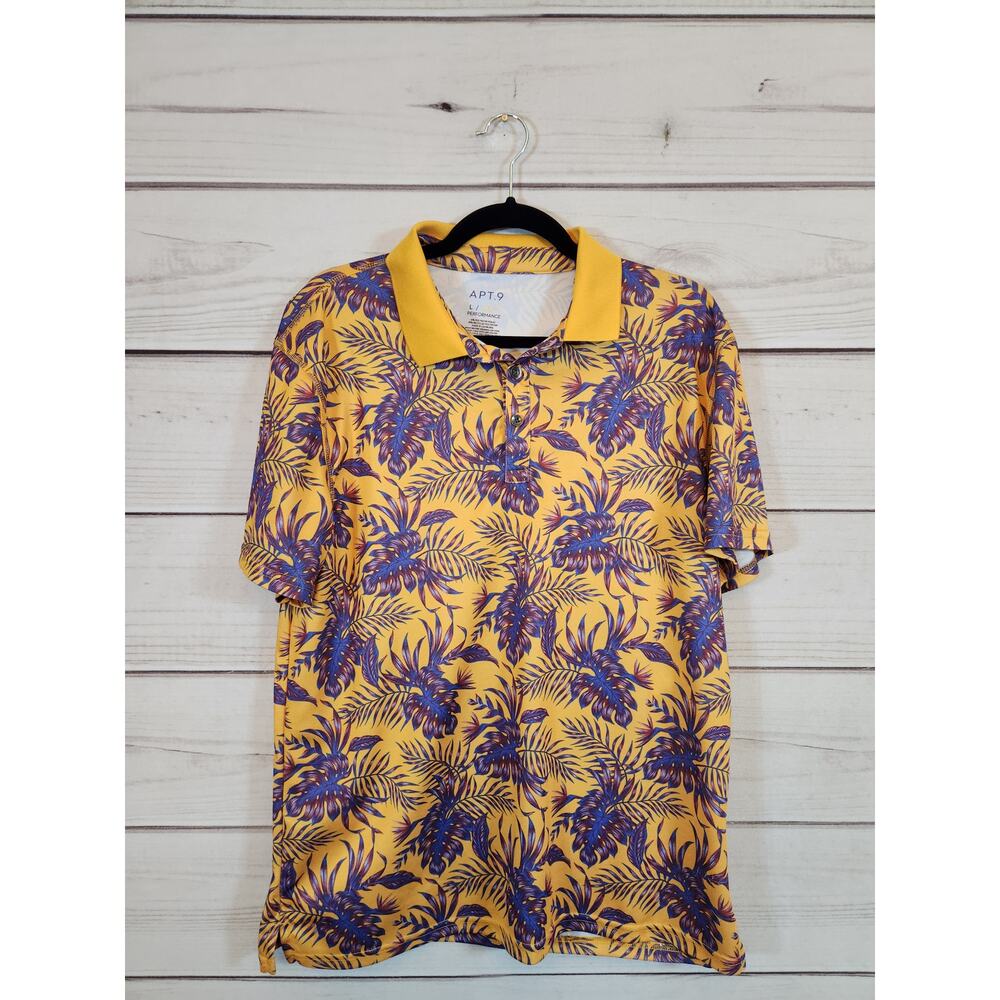 Apt. 9 Mens Yellow Purple Floral Short Sleeve Premier Flex Polo Shirt Size Large